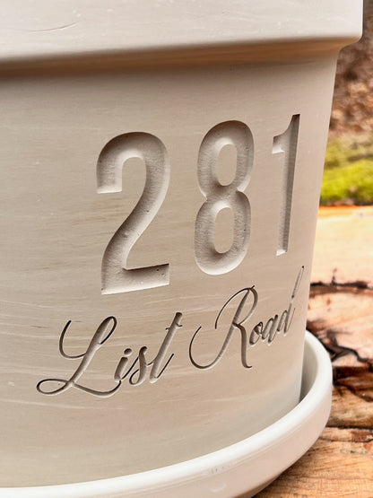 Large Deep Etched Clay Flower Pot with Home Street Address
