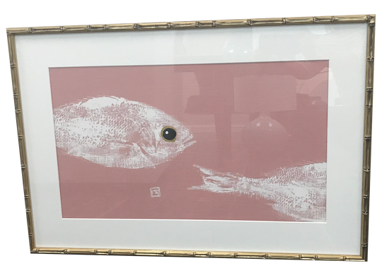 Gyotaku Fish Print on Metallic Pink Linen-Double